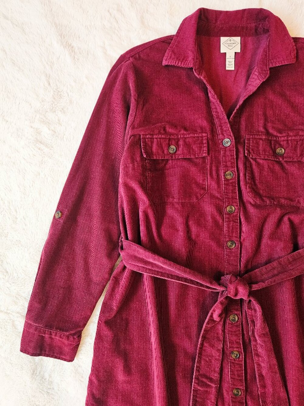 St John's Bay Women's Corduroy Shirt Dress Cotton Rich Wine Berry Color Size L